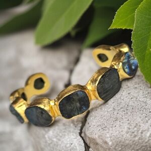 24k Gold Plated Artisan Raw Rough Genuine Labradorite Chunky Cuff Bracelet